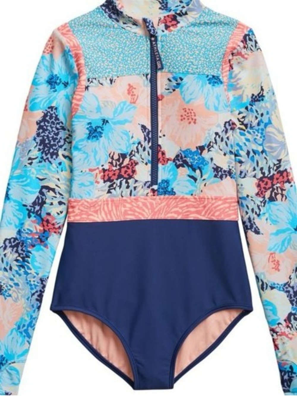 Athleta Girl one-piece long-sleeve surf swimsuit navy and floral size XL/14